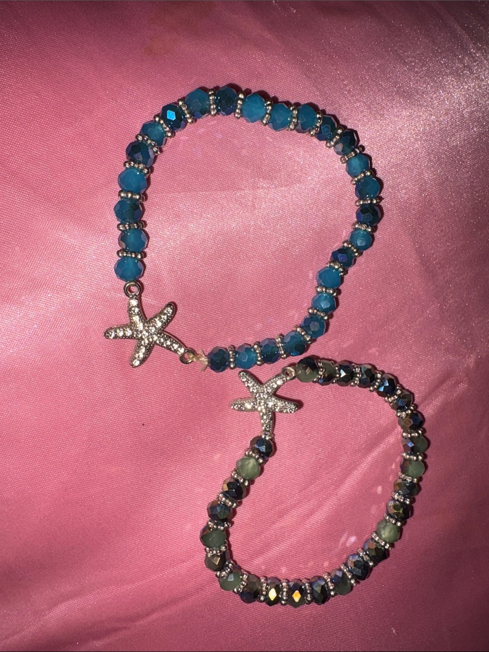 Crystal Starfish Stretch Bracelet Set - Blue & Aqua Beads